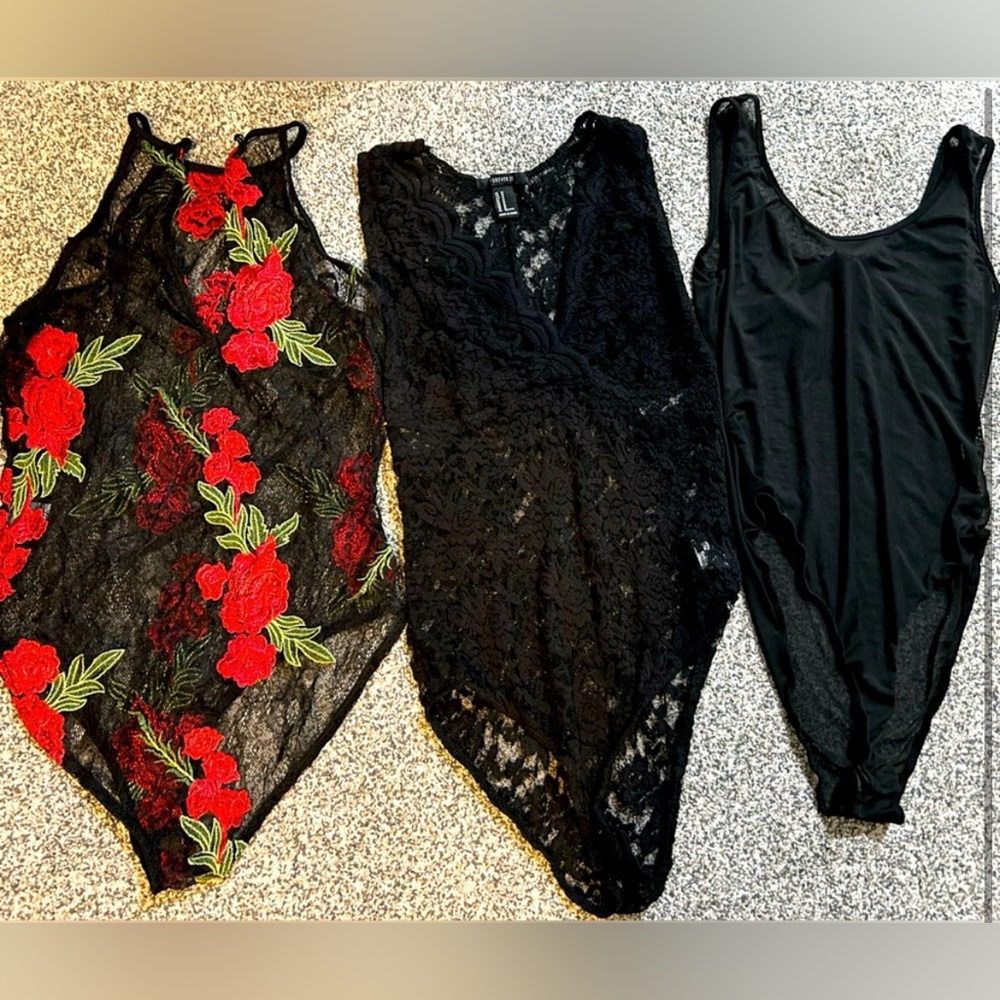 Elegant Black and Red Lace Bodysuit Set